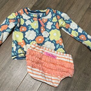 18-24 month RuffleButts Floral stripe Long Sleeve 2-piece Swimsuit rash guard